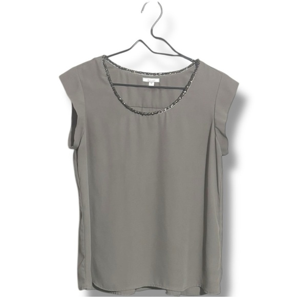 PLEIONE Women's Small Beaded Neckline Flowy Elegant Gray/Green Short Sleeve Top - Picture 8 of 16